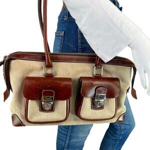 Dooney & Bourke Double Pocket Signature Beige Canvas & Brown Leather Satchel Bag